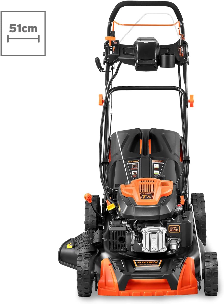 FUXTEC 4in1 Benzin Rasenmäher FX-RM5196eSPRO mit E-Start und regulierbarem Selbstantrieb, Gartenmäher inkl. Frontstoßstange, 51 cm Schnittbreite, kugelgelagerte Big Wheel Räder, 60L Grasfangkorb