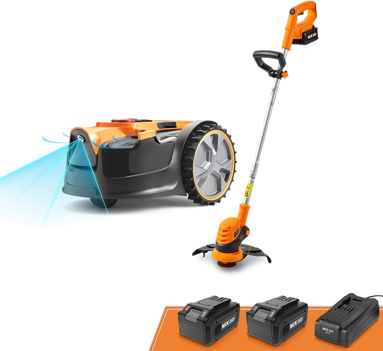 LawnMaster OcuMow™ Roboter-Rasenmäher mit kabellosem 24V MAX 10-Zoll-Gras-Trimmer-Kombi-Set, optische Navigation, automatische Hindernisvermeidung, punktgenauer Schnitt.