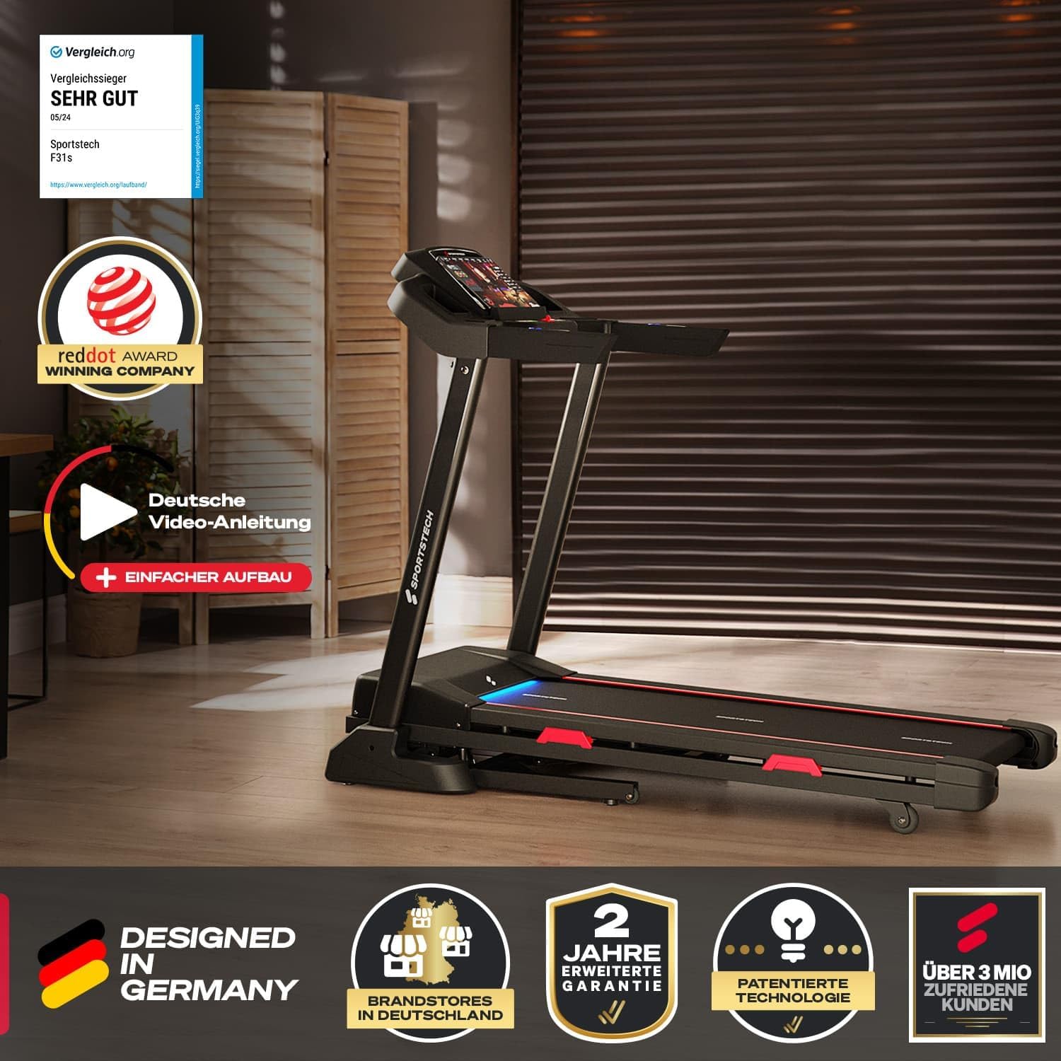 Sportstech F31s: Klappbares Laufband für Zuhause mit App, Bluetooth & LED