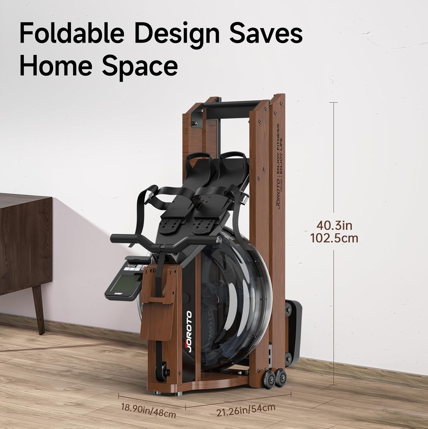JOROTO MR380/MR390: Klappbares Eichenholz‑Rudergerät mit 28 L Tank und Bluetooth‑Monitor