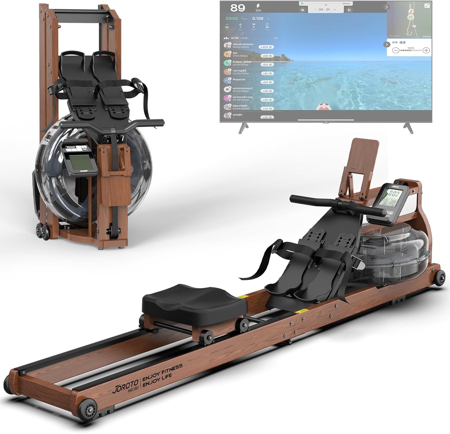 JOROTO MR380/MR390: Klappbares Eichenholz‑Rudergerät mit 28 L Tank und Bluetooth‑Monitor
