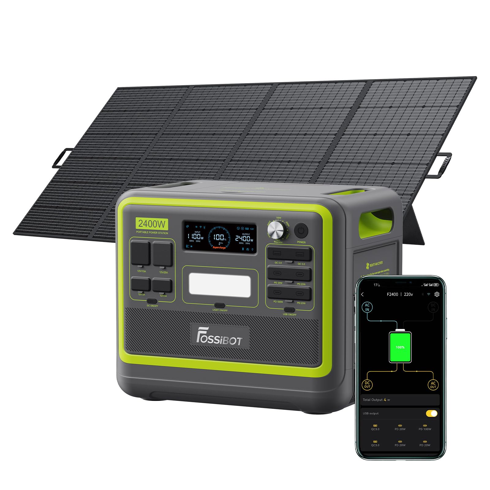 FOSSiBOT Tragbare Powerstation F2400, Solargenerator 2048Wh LiFePO4 Batterie-Backup mit 2400W 3X AC Ausgängen (4800W Peak) 230V, Power Station für Outdoor-Camping, Wohnmobil-Reisen, Hausgebrauch
