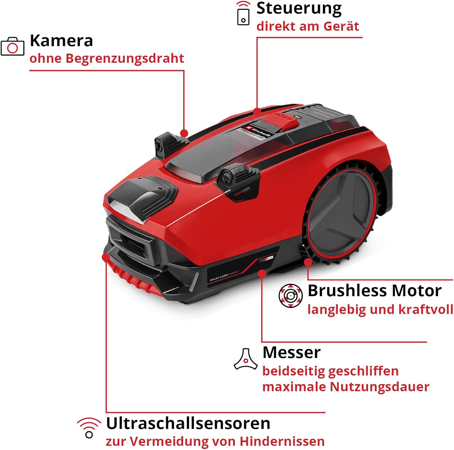 Einhell Mähroboter FREELEXO CAM 500 Power X-Change (18V, Kamera ersetzt Begrenzungsdraht, für 500 m², Brushless, bis 25% Steigung, Schnittbreite 18 cm, inkl. 3,0 Ah Akku, 5 m Magnetband)