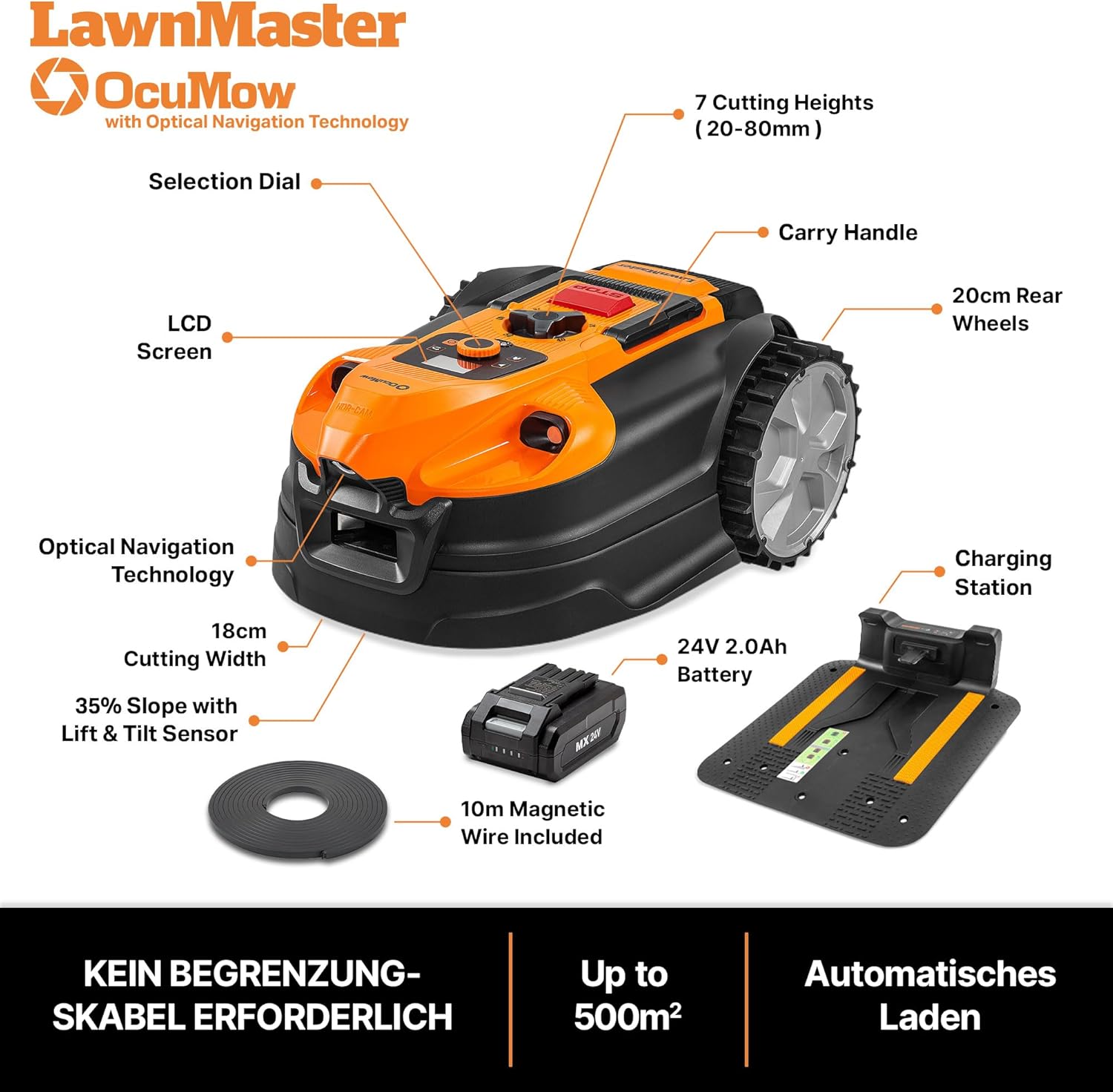 LawnMaster VBRM18AMIDR mähroboter ohne begrenzungskabel für bis zu 500㎡ 2ah Batterie Optische Navigation, Hindernisvermeidung, Automatische Ladestation, Verbotene-Zone-Funktion, WiFi & Bluetooth APP