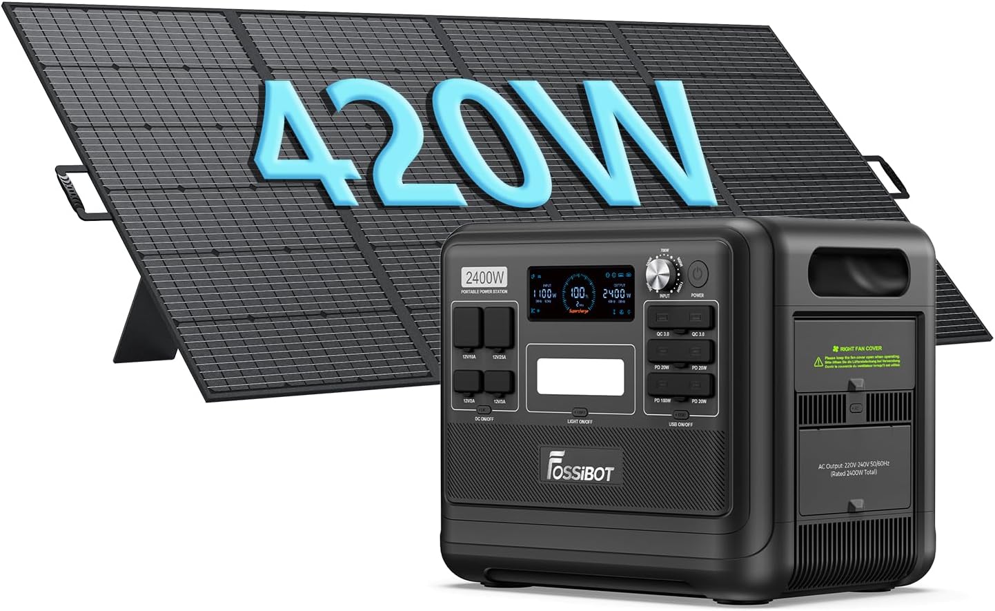 FOSSiBOT F2400 Solargenerator mit Solar panel 400W, 2048Wh, LiFePO4 Tragbare Powerstation, 3 Ausgang AC 2400W (4800W Peak), 1100W Schnellladung, Power Station für Camping, Reisen