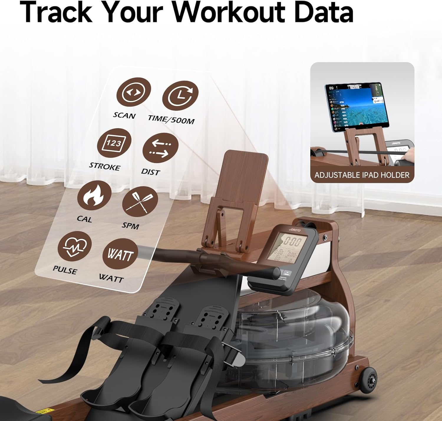 JOROTO MR380/MR390: Klappbares Eichenholz‑Rudergerät mit 28 L Tank und Bluetooth‑Monitor