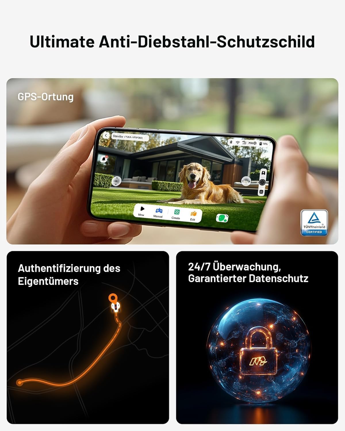 MAMMOTION YUKA 2000 Mähroboter ohne Begrenzungskabel, NetRTK+Vision, Keine RTK-Antenne erforderlich, Auto-Kartierung, Empf. 2000m², Max. 2800m², mit 4G-Modul, 50% Steigung