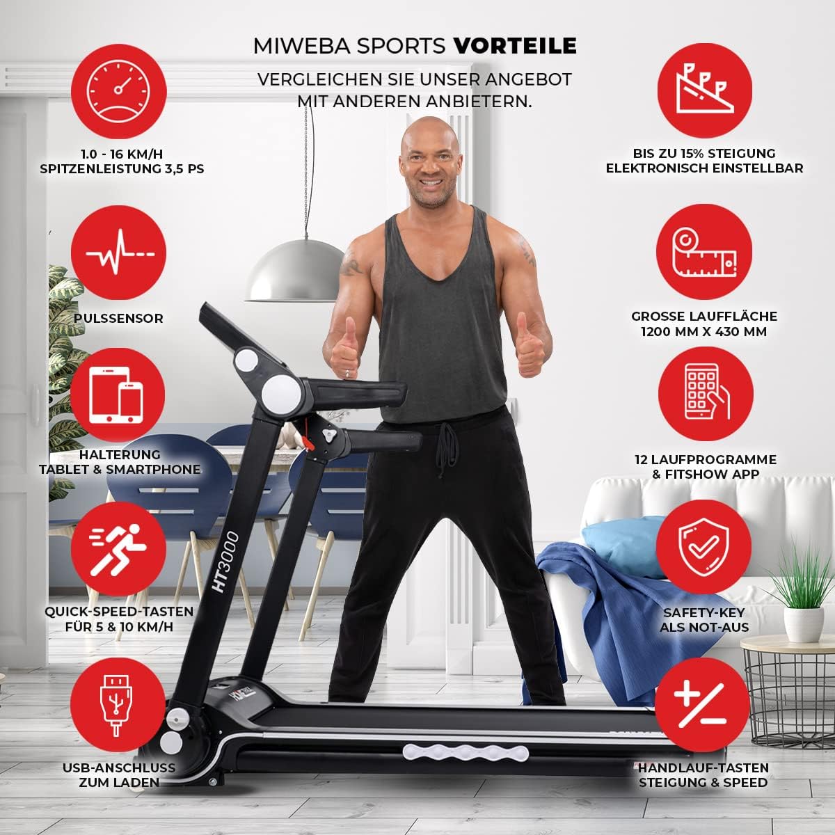 Miweba Sports HT3000 Laufband: 3.5 PS, 10 mph, 15% Steigung, App