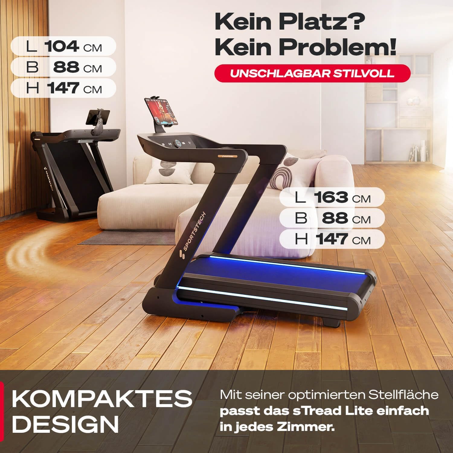 Sportstech sTread Pro/Lite: Klappbares Laufband mit 20 km/h, 17 % Steigung und 7 PS Motor
