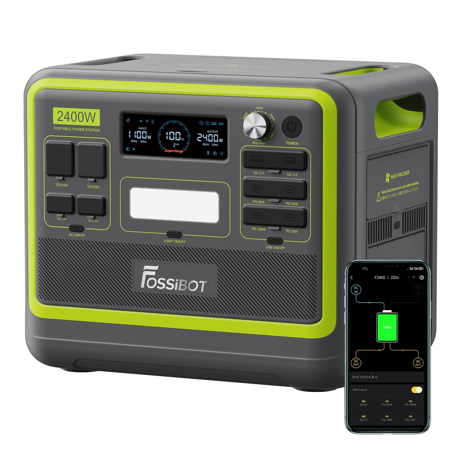 FOSSiBOT Tragbare Powerstation F2400, Solargenerator 2048Wh LiFePO4 Batterie-Backup mit 2400W 3X AC Ausgängen (4800W Peak) 230V, Power Station für Outdoor-Camping, Wohnmobil-Reisen, Hausgebrauch