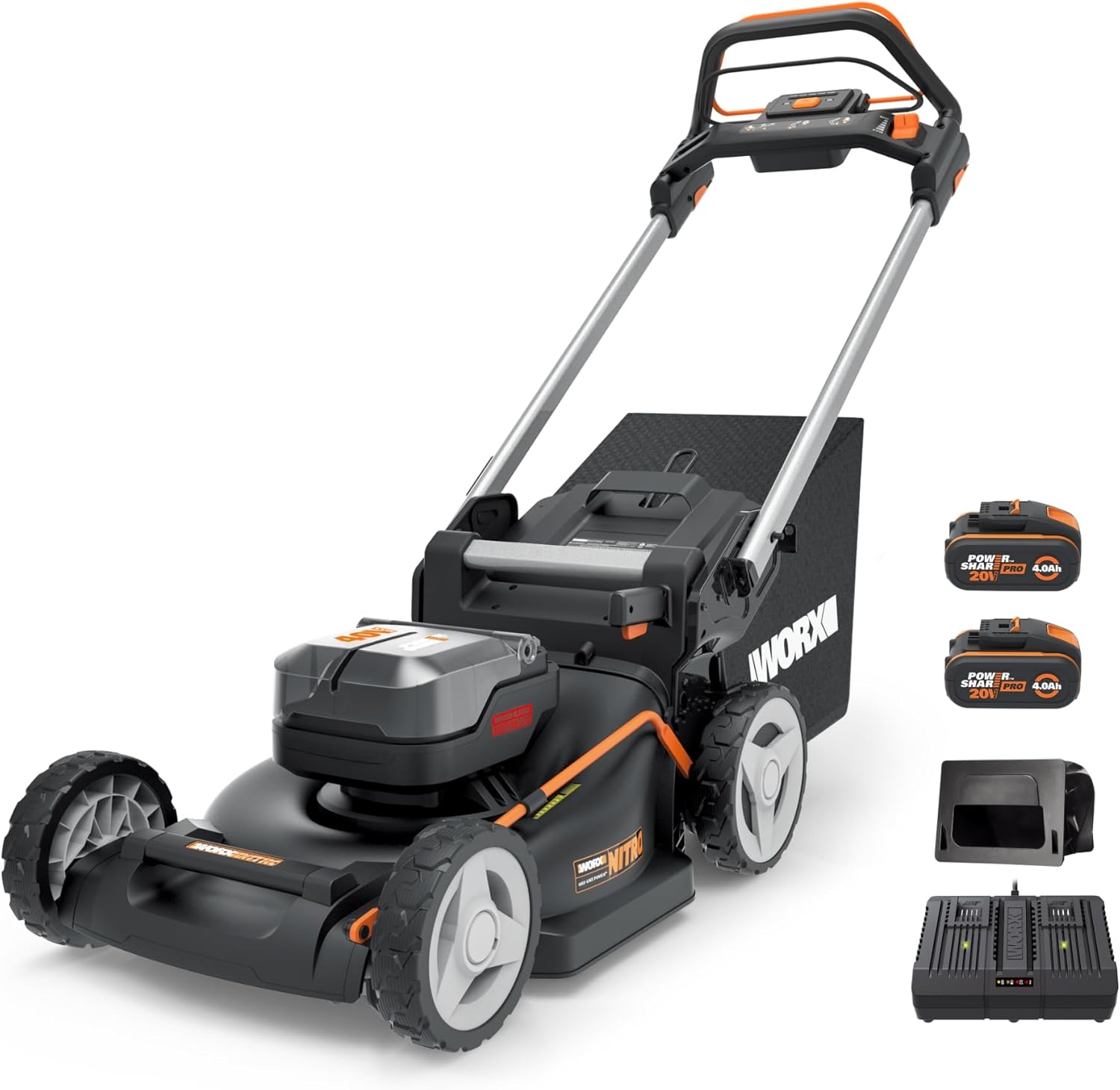 WORX WG749E Akku Rasenmäher 40V (2x20V) PowerShare, Radantrieb, Kraftvoller Bürstenloser Motor, 46cm Schnittbreite, 7 Schnitthöhen inkl. Akku und Ladegerät, Schwarz