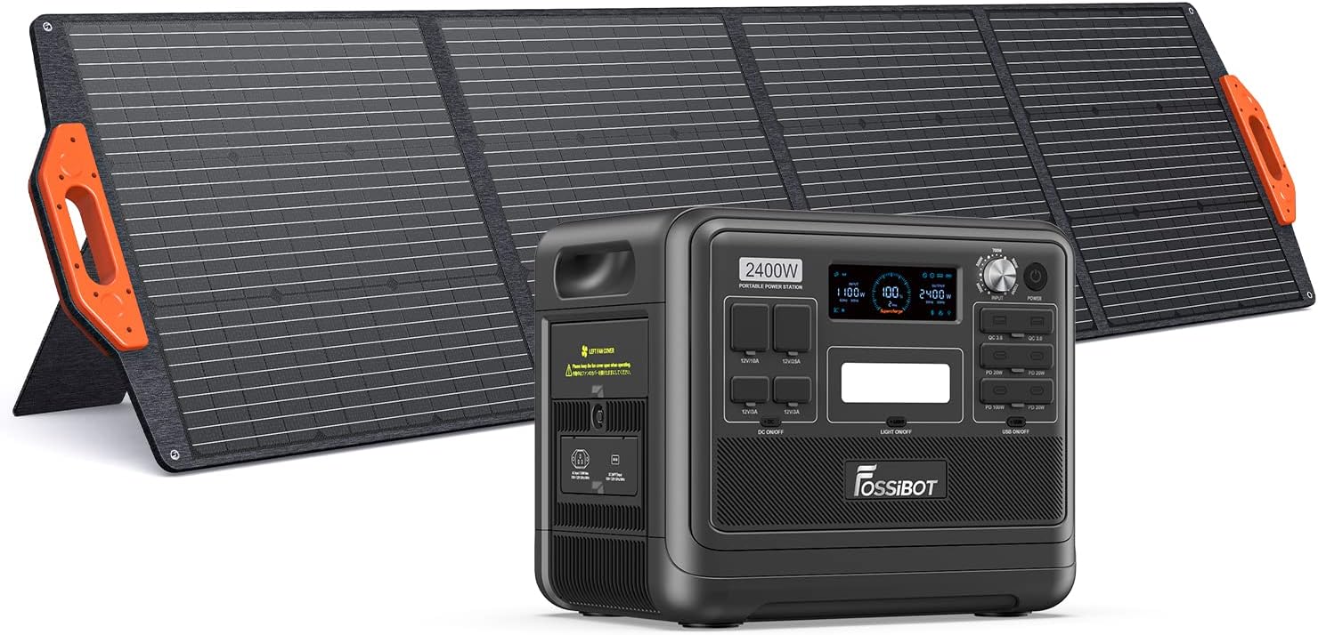FOSSiBOT F2400 Solar Generator mit 200W Solar Panel, 2400W Tragbare Powerstation 2048Wh LiFePO4 with 3AC Ausgabe (4800W Peak), 13 Steckdosen Stromspeicher für Outdoor, Camping im Wohnmobil Backup