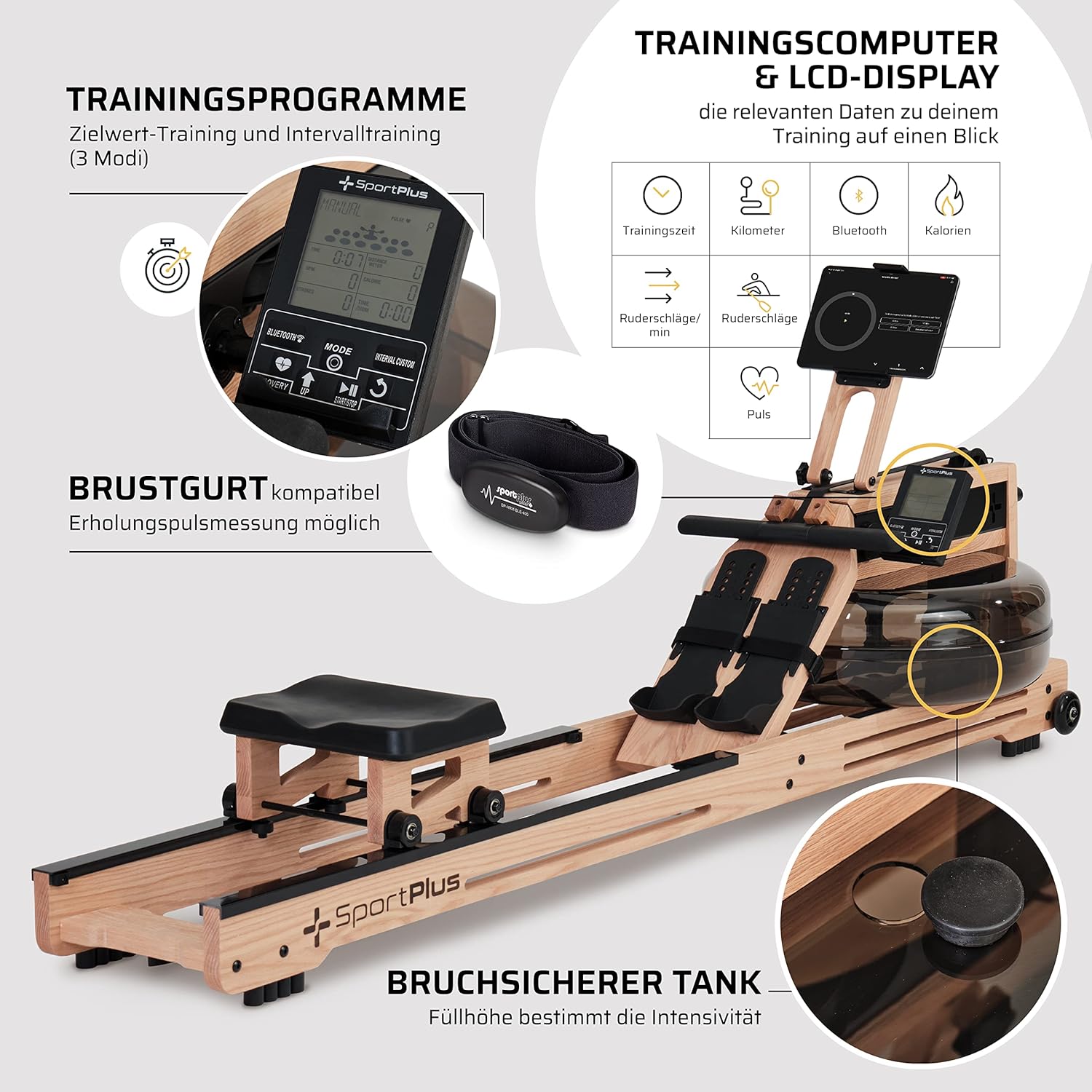 SportPlus Water Rowing Machine Solid Oak Wood Rower App-Compatible