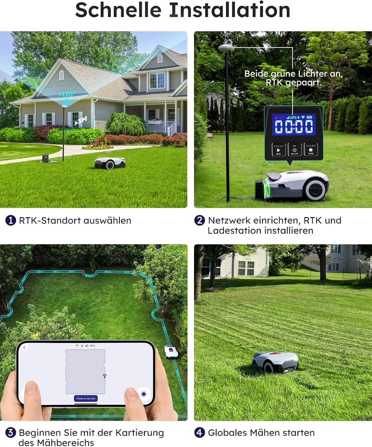 ANTHBOT KI Drahtloser Mähroboter ohne Begrenzungskabel Max. 900m², Full Frequenzband RTK+4-Kamera-Vision Rasenmäher Roboter ohne Kabel, Mehrzonen-Management, Hindernisvermeidung Rasenroboter -Genie600