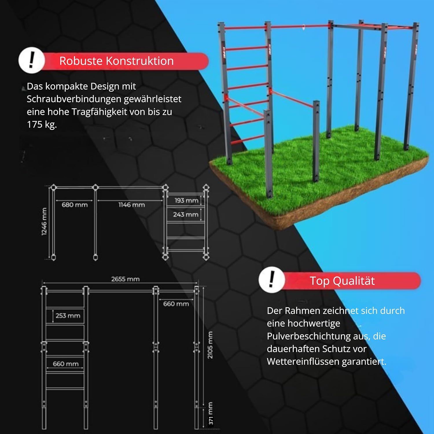 K-Sport Calisthenics Turnstange: Wetterfeste Garten-Kraftstation mit Hangelleiter