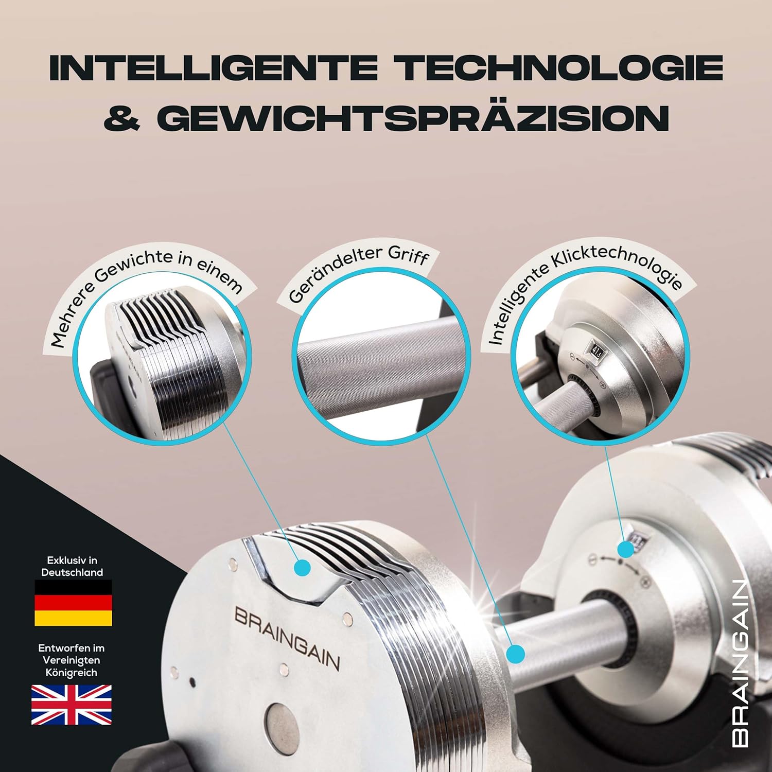 BRAINGAIN Verstellbare Hanteln: Chrom/Schwarz fürs Heimtraining