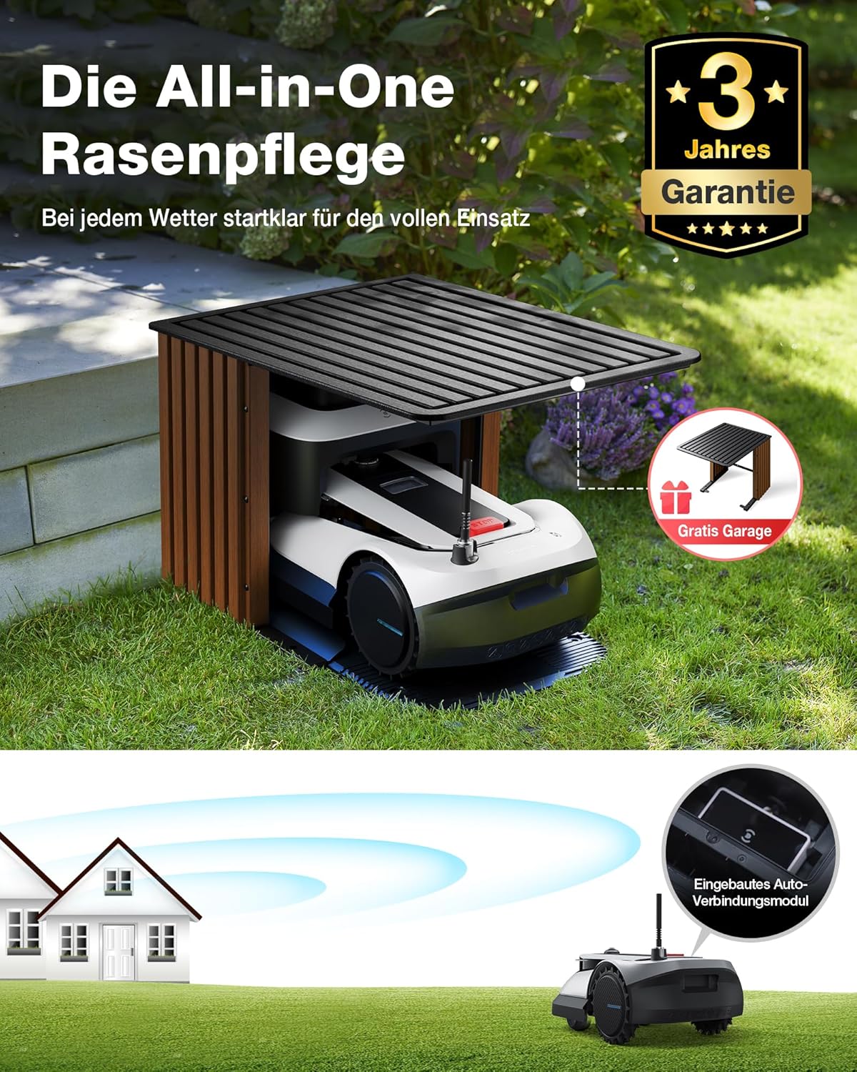 ECOVACS GOAT G1-2000 Mähroboter mit Robuster Garage & Auto-Verbindung-Modul, Ohne Begrenzungskabel für Gärten bis zu 2,000㎡ (AIVI 3D Hindernisvermeidung, logisches Mähen, 16-Zonen-Management)
