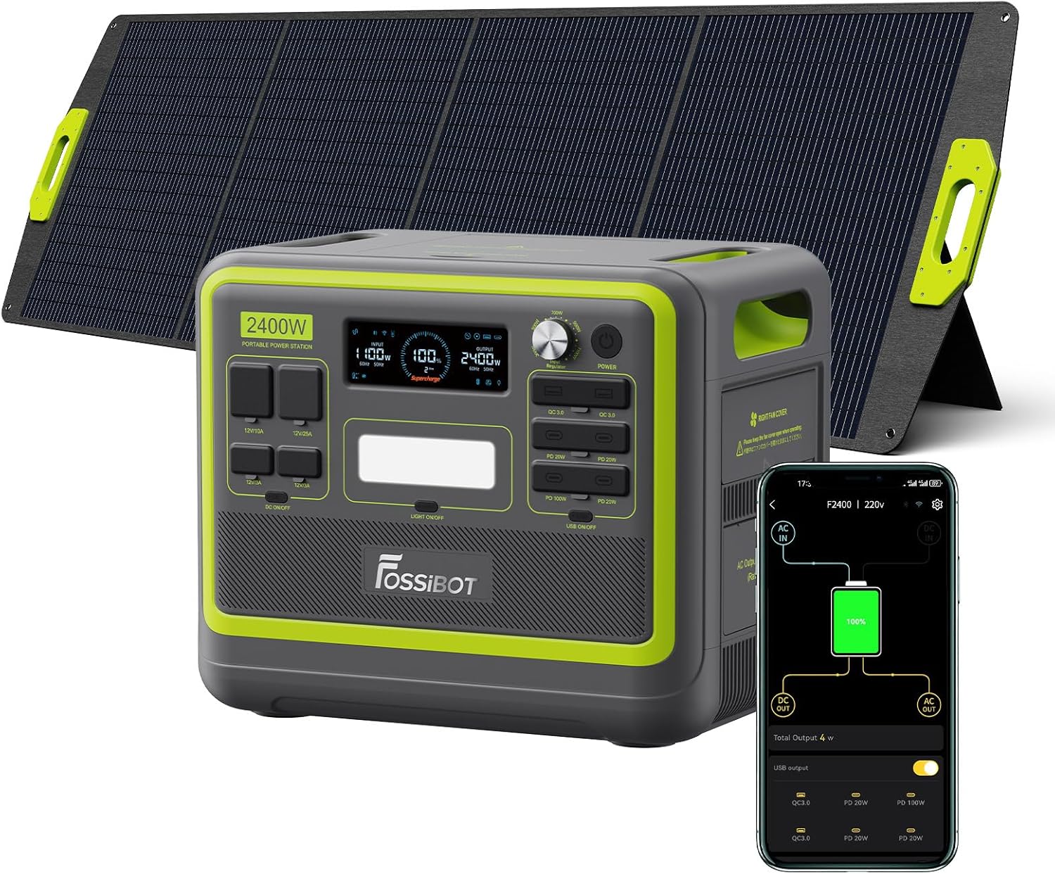 FOSSIBOT Powerstation 2400W AC Ausgängen (4800 W Peak) F2400, Stück mit 200W Solarpanel Power Station, 1100W Superschnelles Tragbare Solargenerator für Zuhause, Camping, RV und Notfall