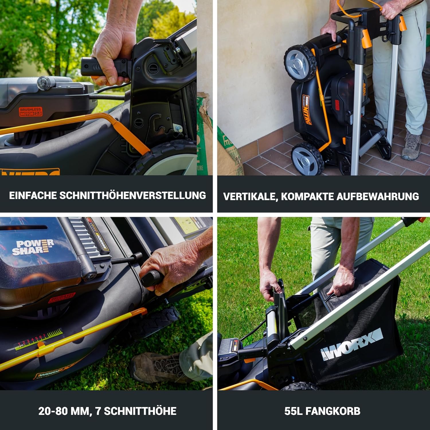 WORX WG749E Akku Rasenmäher 40V (2x20V) PowerShare, Radantrieb, Kraftvoller Bürstenloser Motor, 46cm Schnittbreite, 7 Schnitthöhen inkl. Akku und Ladegerät, Schwarz