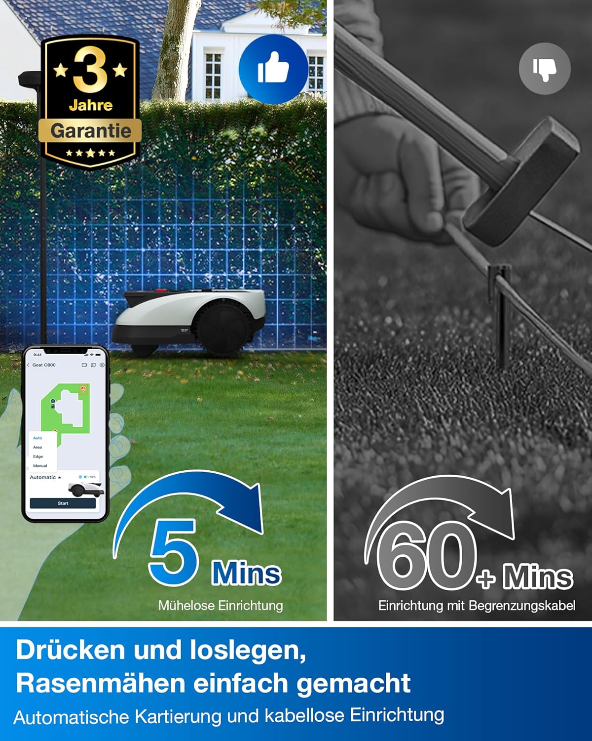 ECOVACS Goat O500 Panorama Mähroboter ohne Begrenzungskabel, 500 m², Auto-Kartierung Rasenmähroboter, Setup-frei, LiDAR-unterstützte visuelle Navigation, passiert 0,7m Engstellen, Logischer Schneiden