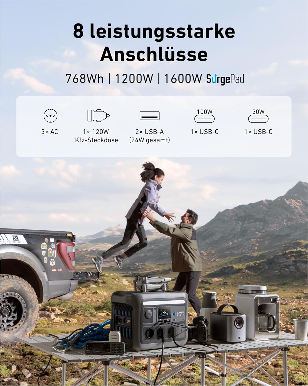 Anker SOLIX C800 Tragbare Powerstation mit 200W Solarpanels, 1200W (1600W Spitzenleistung) Solargenerator, 100% Akku in 58 Min., 768Wh LiFePO4 Akkus für Camping, Wohnmobil, RV, Reisen, Stromausfall