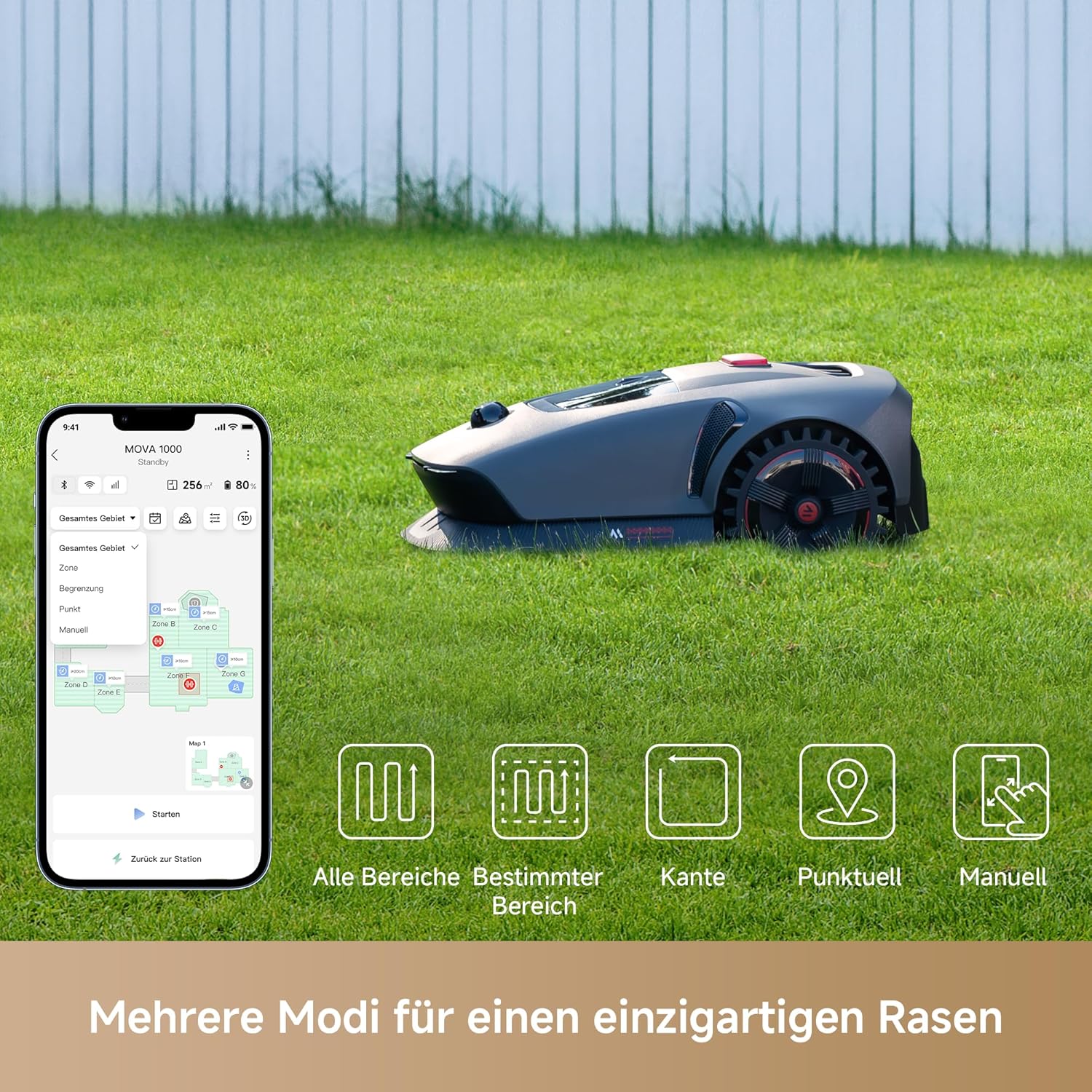 MOVA 1000, Mähroboter 3D-LiDAR kabellose Einrichtung & genaue Kartierung bis 1.000 m², Smarte Hindernisvermeidung, App-Steuerung, Verbesserte Geländeräder, U-förmiges Schneiden, Schnelles Laden