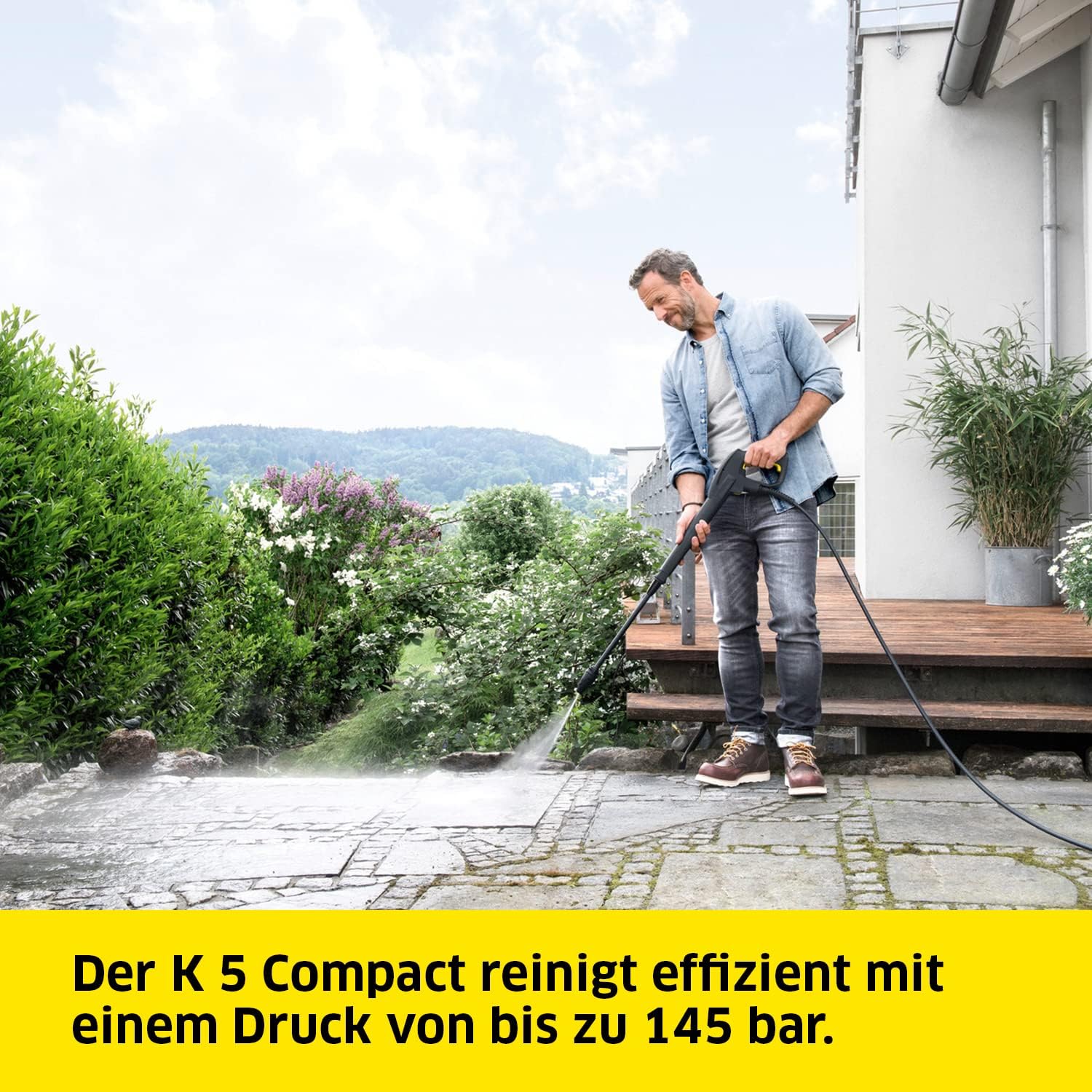 Kärcher Hochdruckreiniger K 5 Compact Home, Druck: max. 145 bar, Durchfluss: max. 500 l/h, Flächenleistung: 40 m²/h, Wasserfilter, Gewicht: 12 kg, mit Flächenreiniger T 5, Stein- und Fassadenreiniger