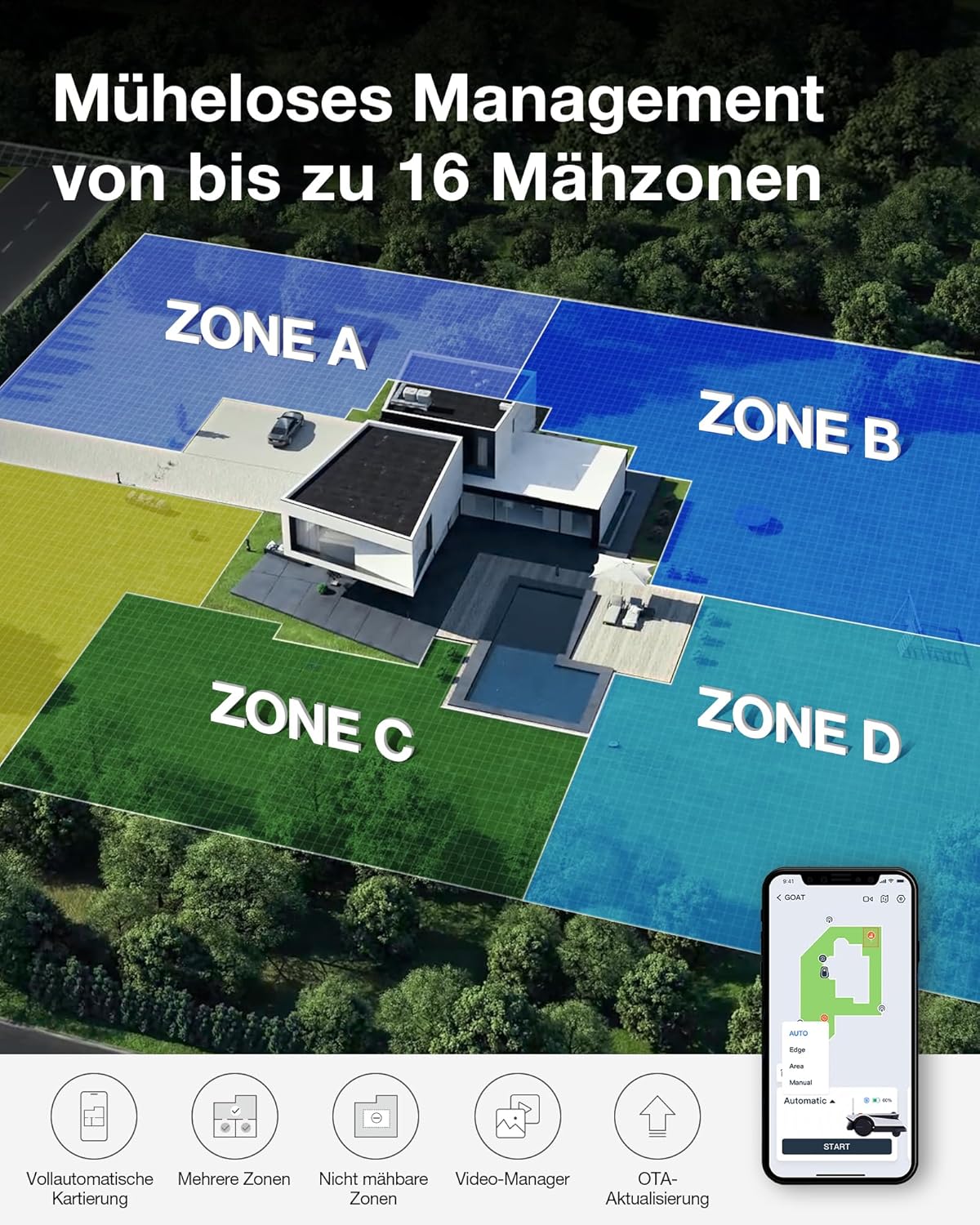 ECOVACS GOAT G1-2000 Mähroboter mit Robuster Garage & Auto-Verbindung-Modul, Ohne Begrenzungskabel für Gärten bis zu 2,000㎡ (AIVI 3D Hindernisvermeidung, logisches Mähen, 16-Zonen-Management)