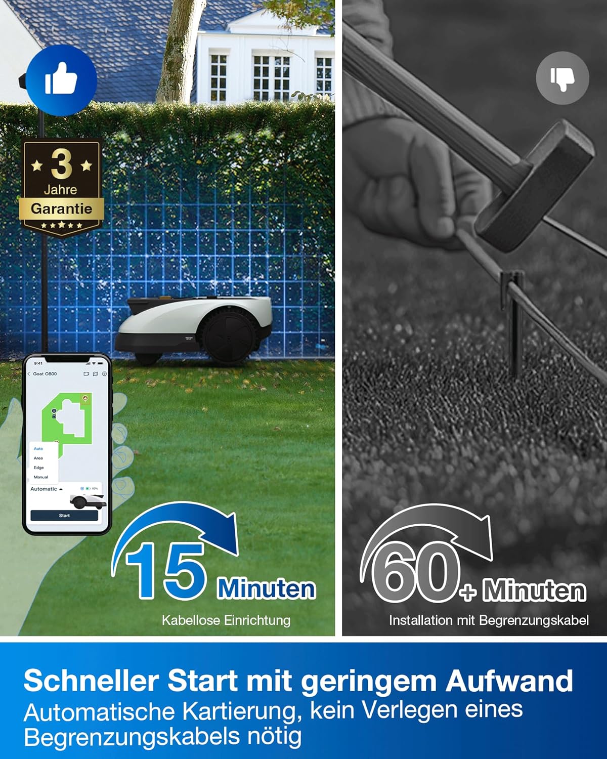 ECOVACS Goat O800 RTK Mähroboter ohne Begrenzungskabel, 800m², LiDAR-gestützte RTK+Vision Navigation, Rasenmäher Roboter, Auto-Kartierung, passiert 0,7m Engstellen, präzises Kantenmähen