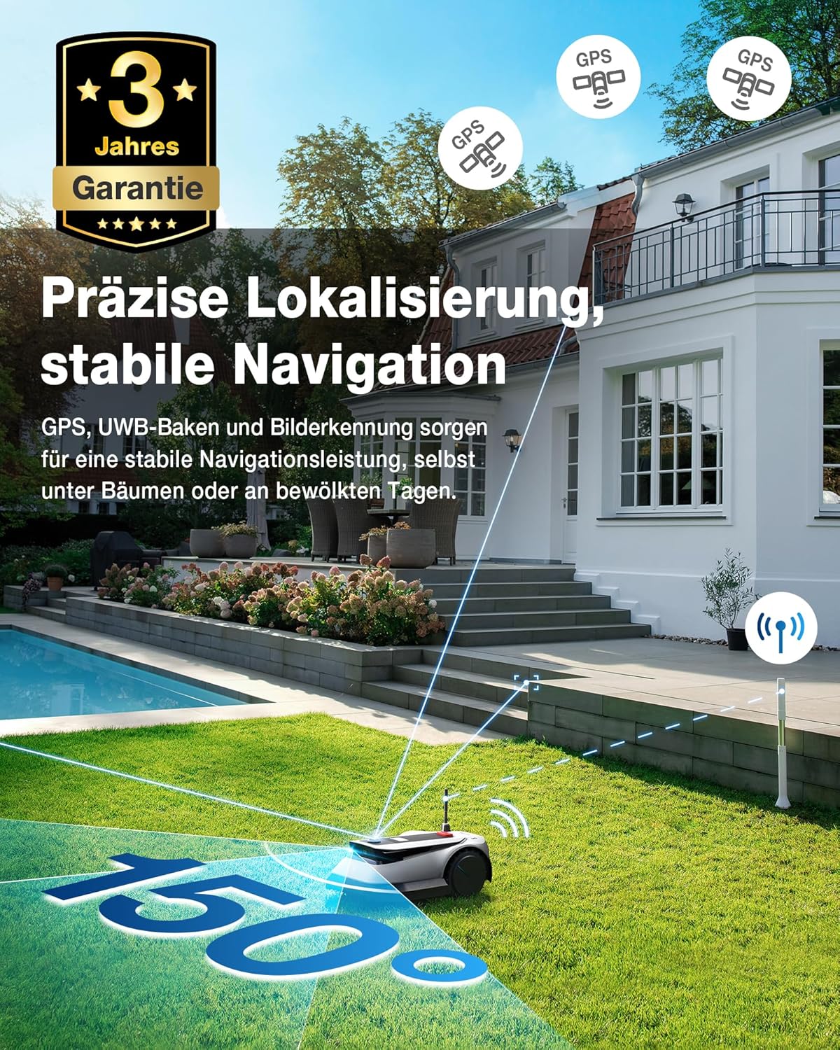 ECOVACS GOAT G1-800 Mähroboter 800㎡ ohne Begrenzungskabel, vollautomatischer kartierender Rasenroboter, Ultra-Weitband+Vision+GPS-Positionierung, 16-Zonen-Management, intelligente Hindernisvermeidung