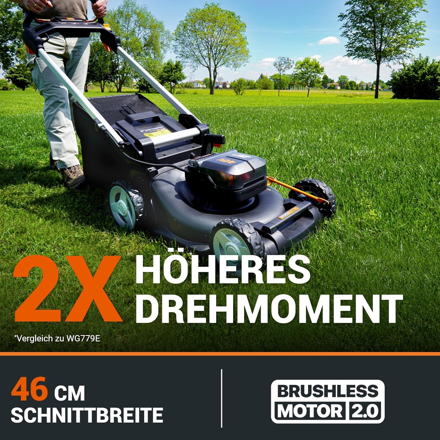 WORX WG749E Akku Rasenmäher 40V (2x20V) PowerShare, Radantrieb, Kraftvoller Bürstenloser Motor, 46cm Schnittbreite, 7 Schnitthöhen inkl. Akku und Ladegerät, Schwarz