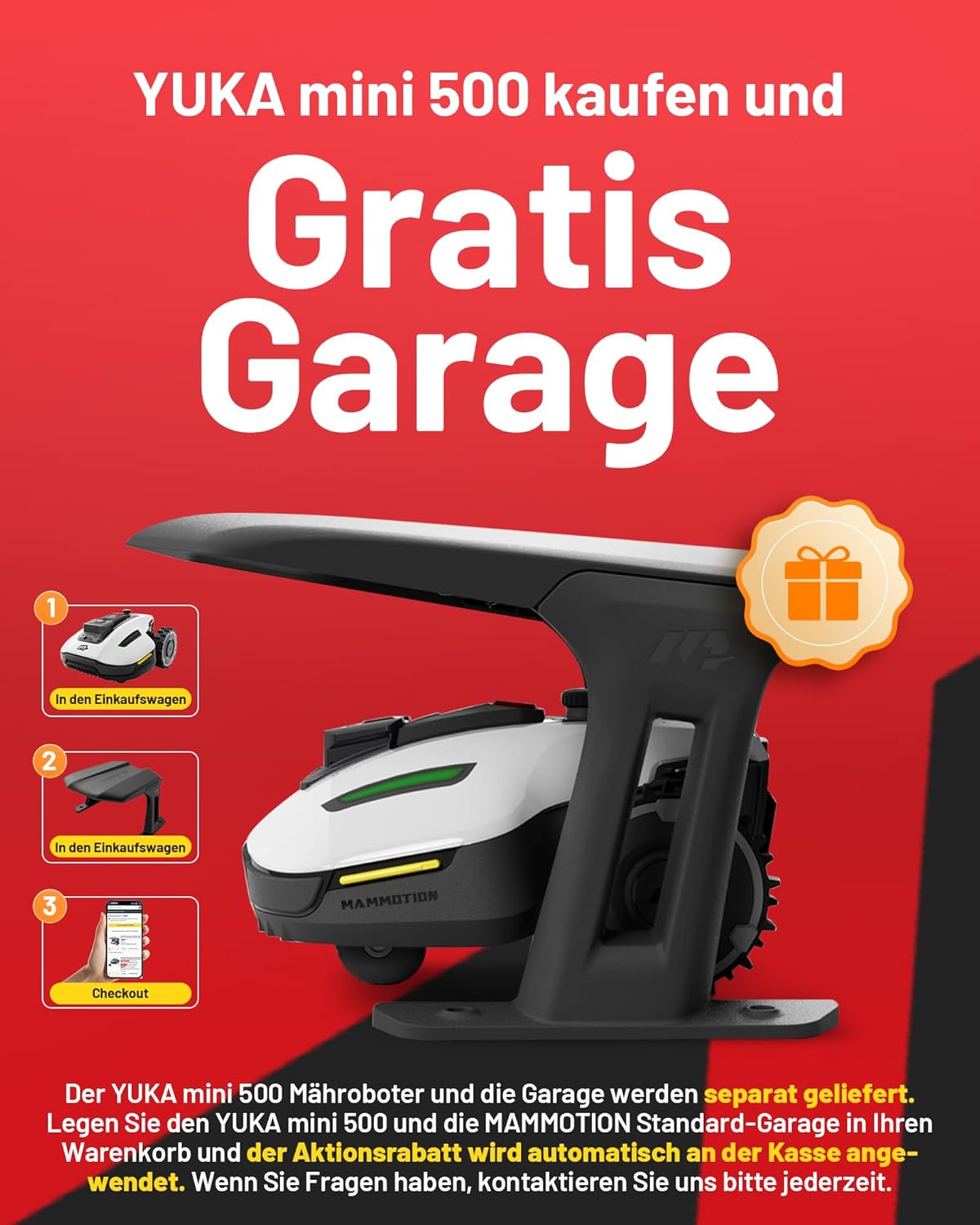 MAMMOTION YUKA Mini 500 Mähroboter ohne Begrenzungskabel, NetRTK+Vision, Keine RTK-Antenne erforderlich, Auto-Kartierung, Empf. 500m², mit 4G-Modul, 50% Steigung