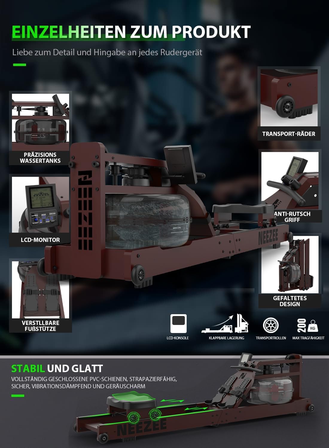 Neezee Water Rudergerät: Massivholz-Heimtrainer