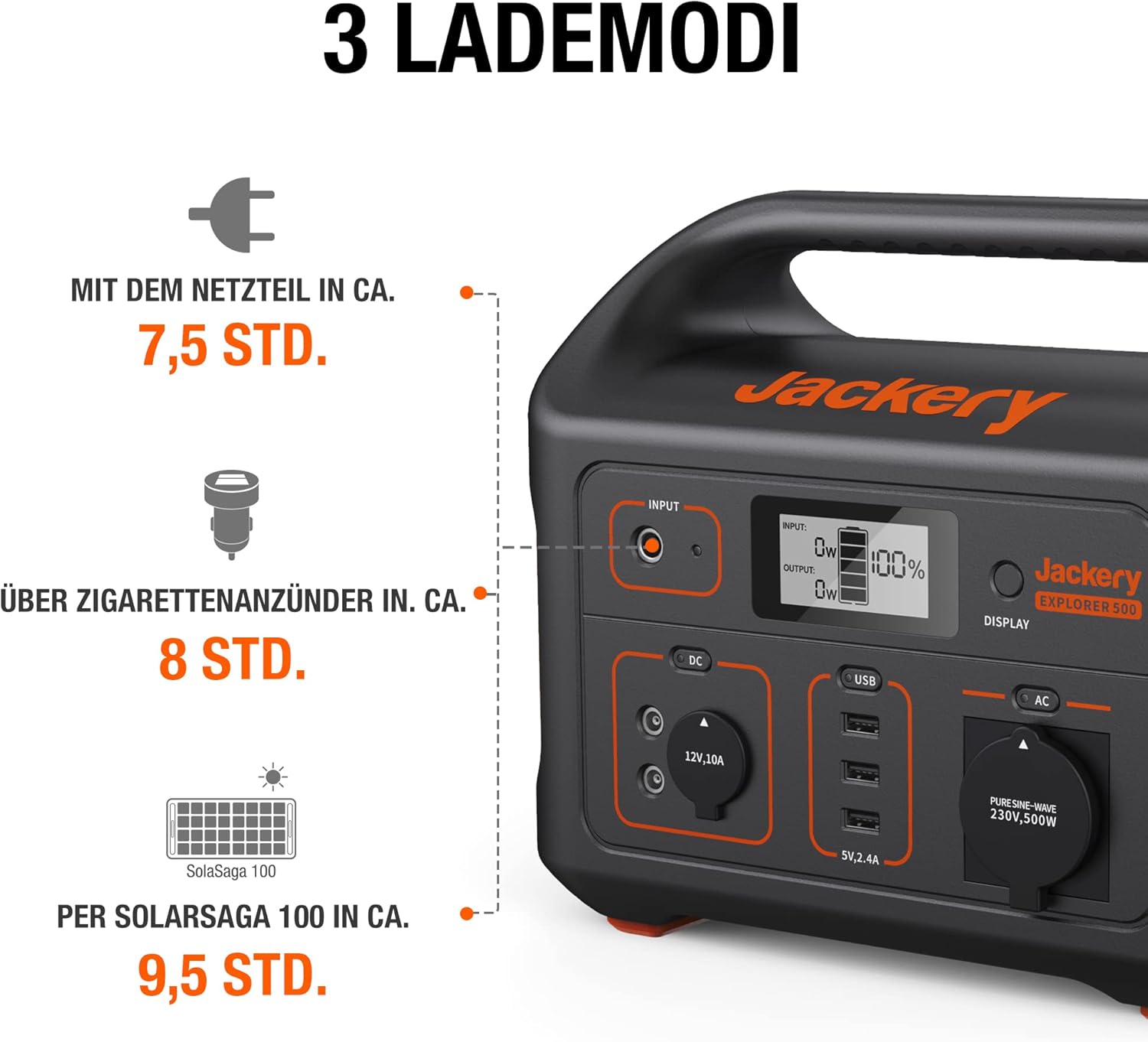 Jackery Explorer 500, 518Wh Tragbare Powerstation Mobiler Stromspeicher mit 230V/500W (Spitze 1000W) Steckdose + USB, Mobile Stromversorgung mit LCD-Anzeige für Party, Camping, Wohnmobil, Heimwerken