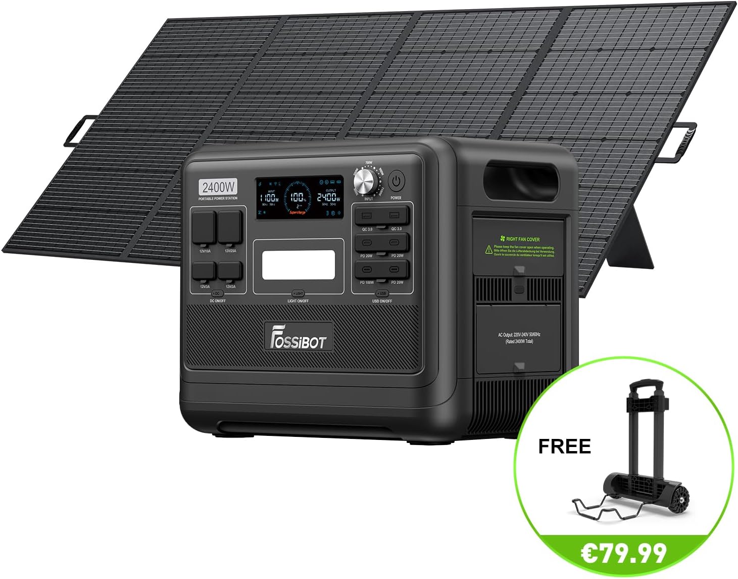 FOSSiBOT F2400 Solargenerator mit Solar panel 400W, 2048Wh, LiFePO4 Tragbare Powerstation, 3 Ausgang AC 2400W (4800W Peak), 1100W Schnellladung, Power Station für Camping, Reisen