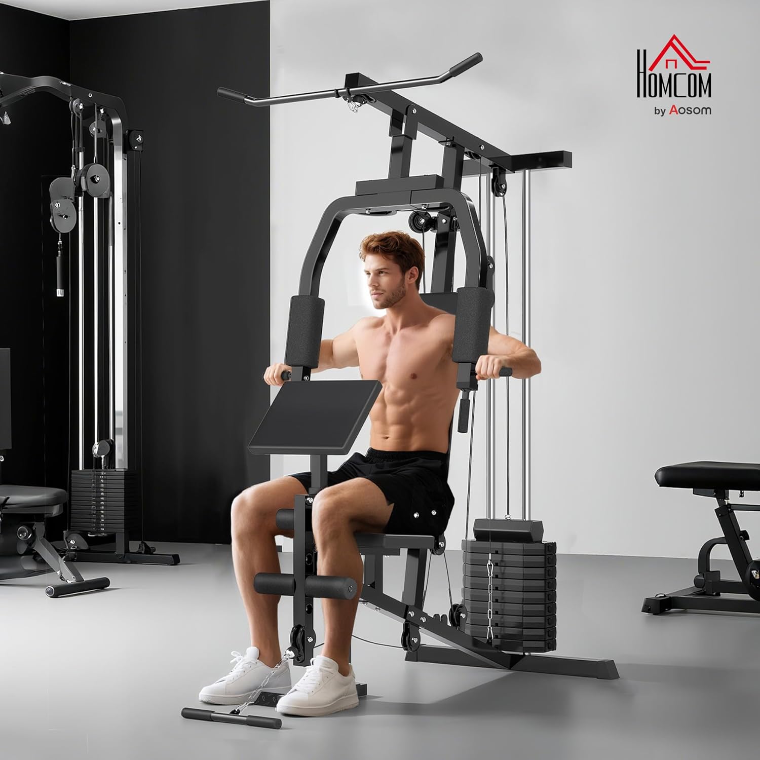 HOMCOM Home Gym Kraftstation – Latzug, Kabelzug, Brustpresse, Beintrainer