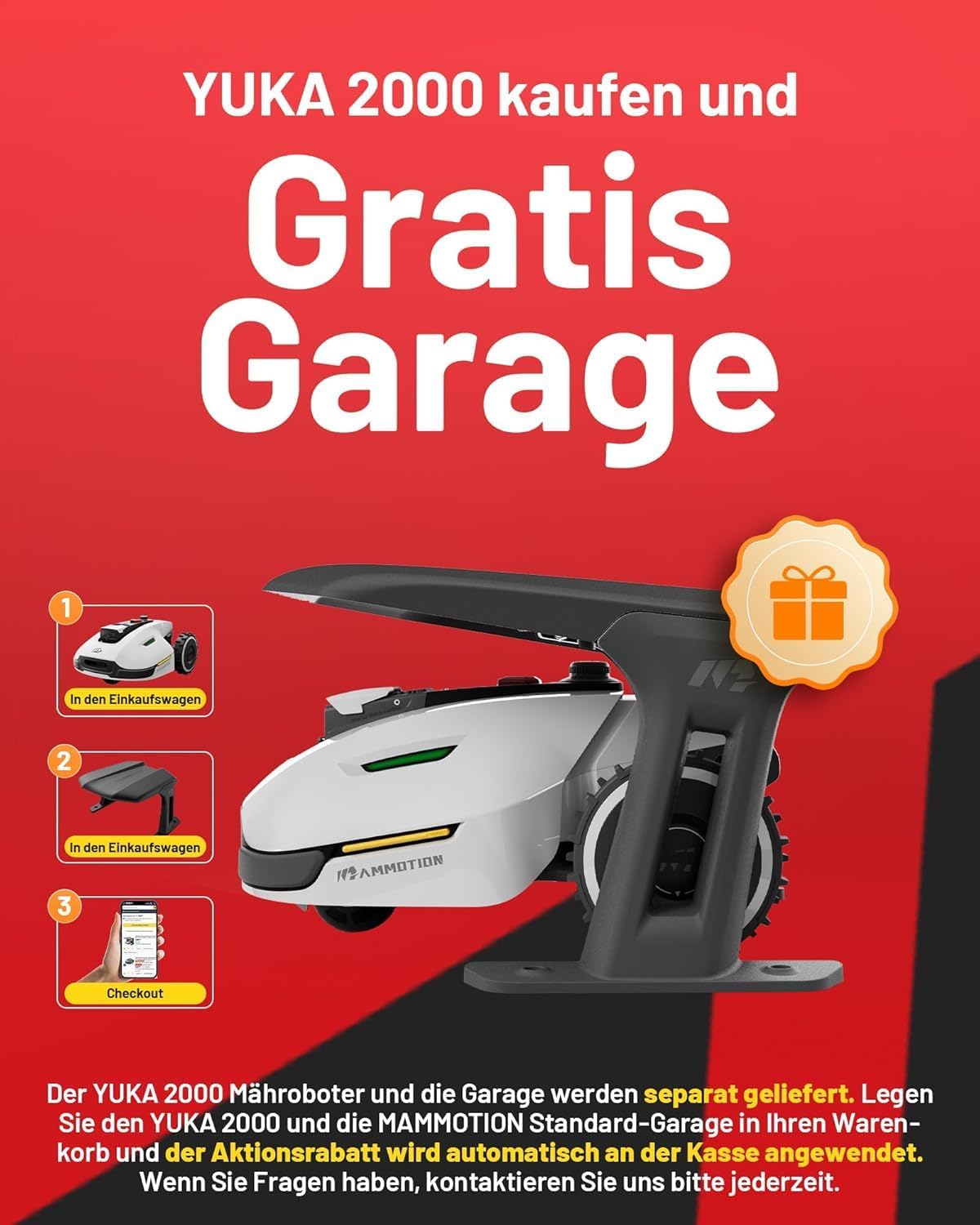 MAMMOTION YUKA 2000 Mähroboter ohne Begrenzungskabel, NetRTK+Vision, Keine RTK-Antenne erforderlich, Auto-Kartierung, Empf. 2000m², Max. 2800m², mit 4G-Modul, 50% Steigung