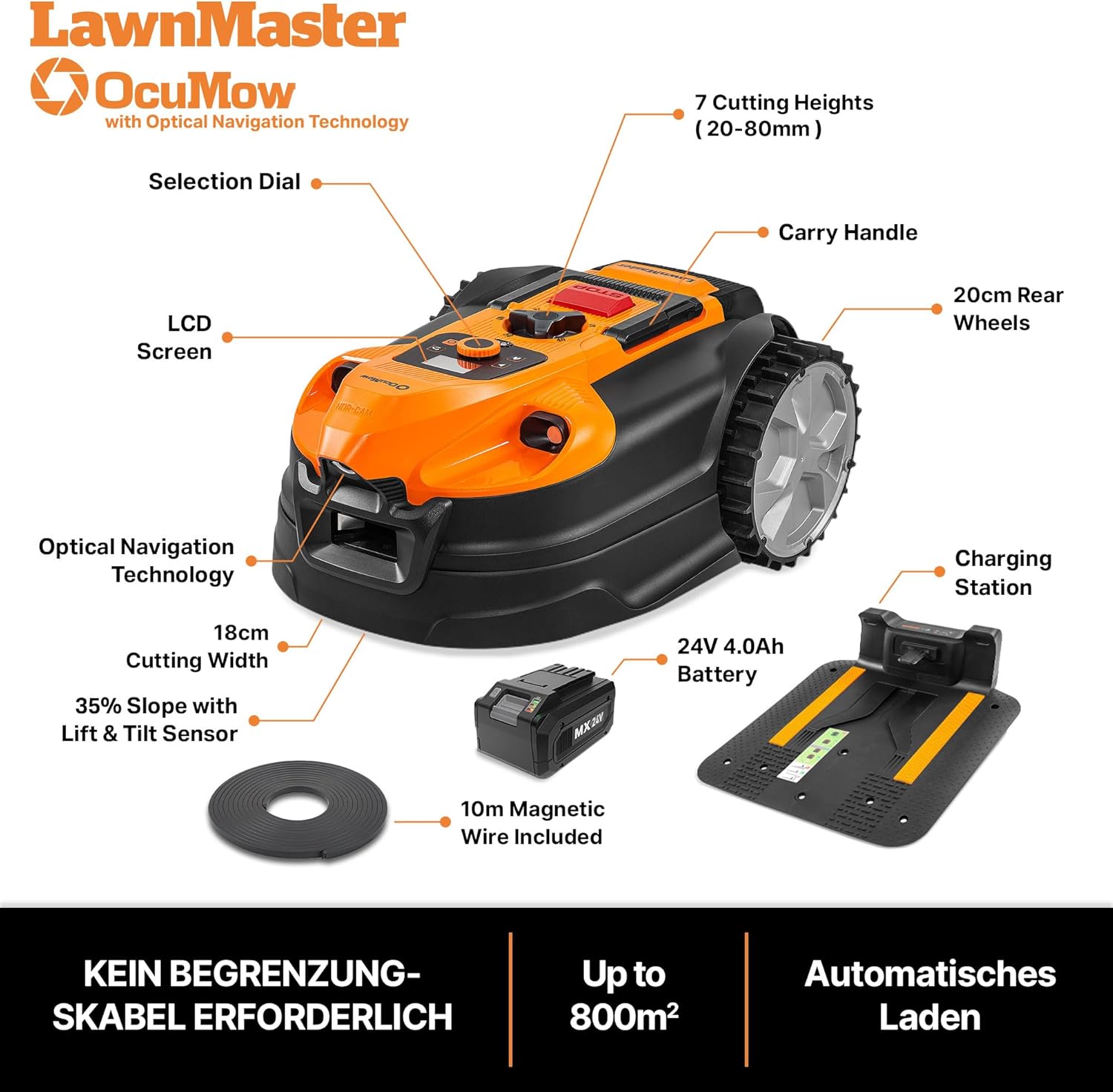 LawnMaster VBRM18AMID4R mähroboter ohne begrenzungskabel für bis zu 800㎡ 4ah Batterie Optische Navigation, Hindernisvermeidung, Automatische Ladestation, Verbotene-Zone-Funktion, WiFi & Bluetooth APP