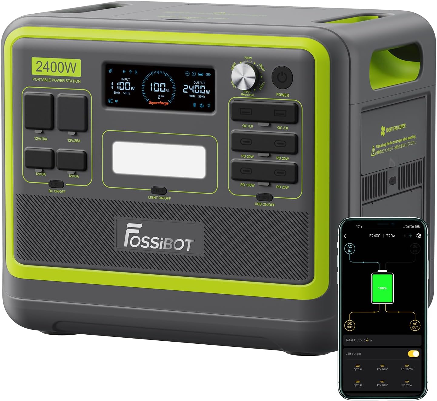FOSSiBOT Tragbare Powerstation F2400, Solargenerator 2048Wh LiFePO4 Batterie-Backup mit 2400W 3X AC Ausgängen (4800W Peak) 230V, Power Station für Outdoor-Camping, Wohnmobil-Reisen, Hausgebrauch