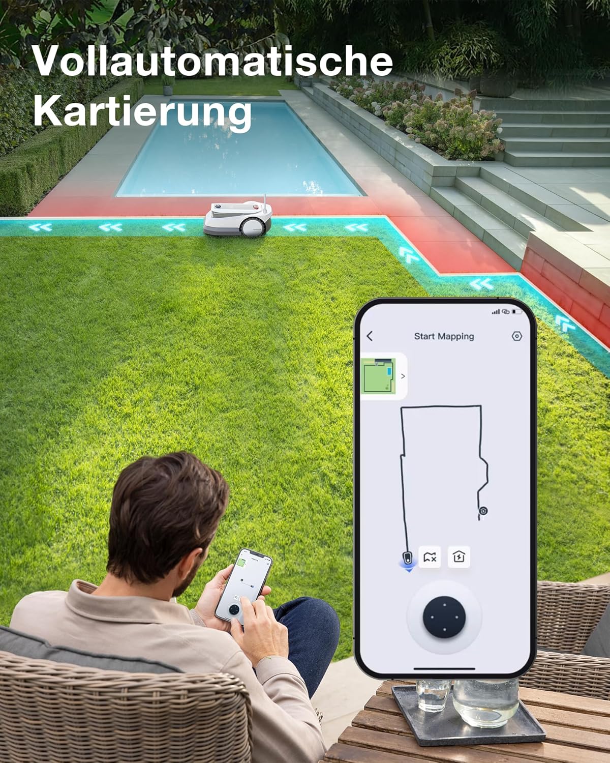 ECOVACS GOAT G1-800 Mähroboter 800㎡ ohne Begrenzungskabel, vollautomatischer kartierender Rasenroboter, Ultra-Weitband+Vision+GPS-Positionierung, 16-Zonen-Management, intelligente Hindernisvermeidung