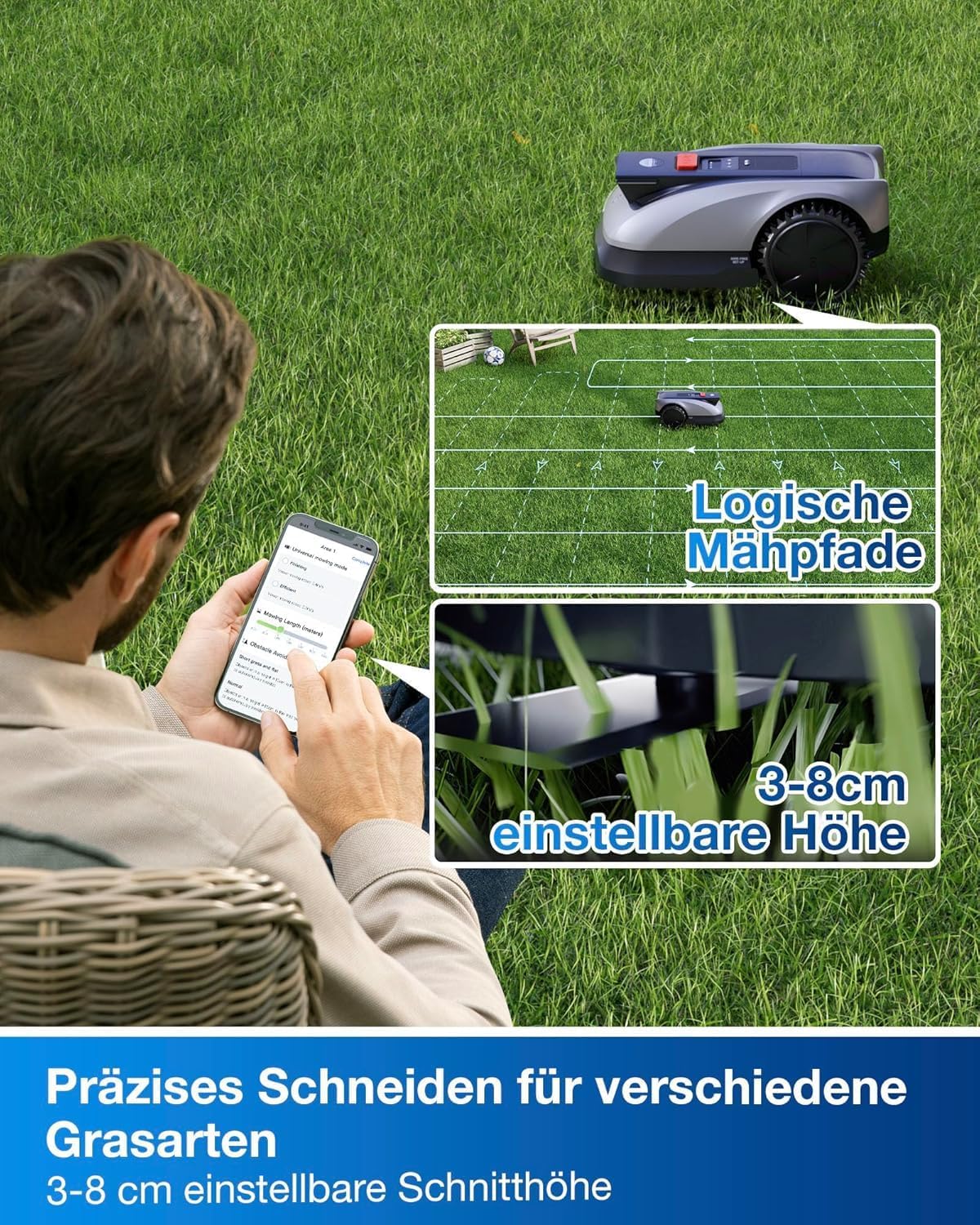 ECOVACS Goat O1200 RTK Mähroboter ohne Begrenzungskabel, 1200 m², LiDAR-unterstützte RTK+Vision Navigation, Rasenmäher Roboter, einstellbare Schnitthöhe 3-8cm, Auto-Kartierung, 0,7m Engstellen