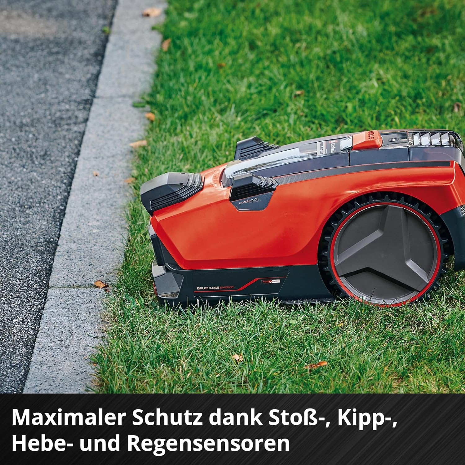 Einhell Mähroboter FREELEXO CAM 500 Power X-Change (18V, Kamera ersetzt Begrenzungsdraht, für 500 m², Brushless, bis 25% Steigung, Schnittbreite 18 cm, inkl. 3,0 Ah Akku, 5 m Magnetband)