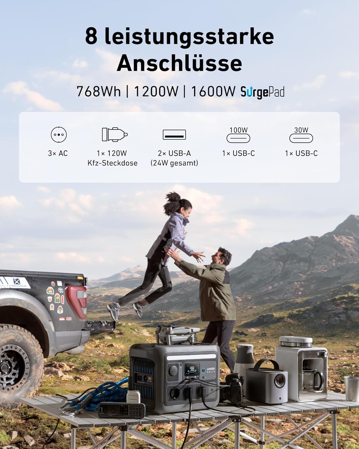 Anker SOLIX C800 Plus Tragbare Powerstation mit 100W Solarpanel, 1200W (1600W Spitzenleistung) Solargenerator für Campingbeleuchtung, 768Wh LiFePO4 Akkus für Camping, Wohmobil, Reisen, Stromausfall