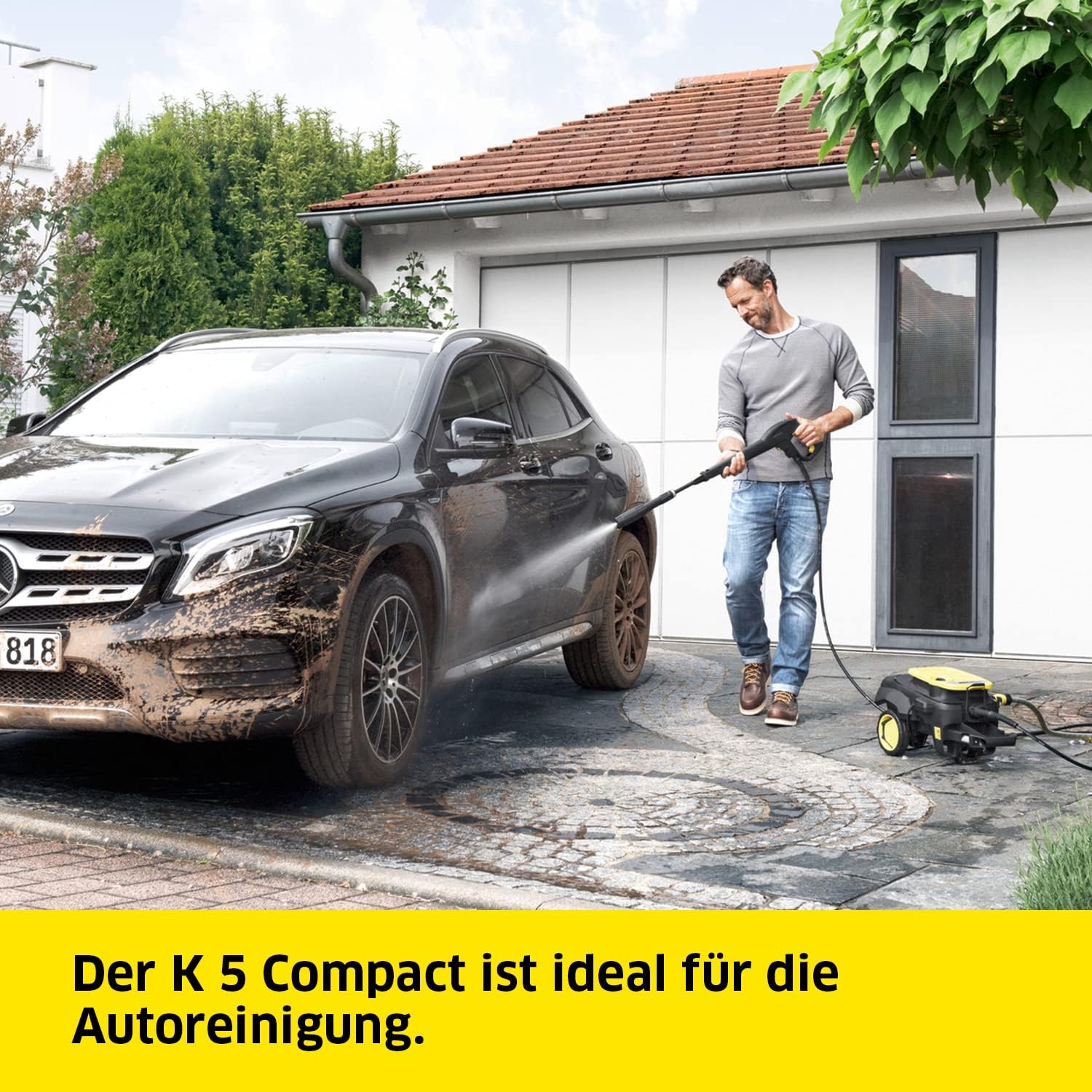 Kärcher Hochdruckreiniger K 5 Compact Home, Druck: max. 145 bar, Durchfluss: max. 500 l/h, Flächenleistung: 40 m²/h, Wasserfilter, Gewicht: 12 kg, mit Flächenreiniger T 5, Stein- und Fassadenreiniger