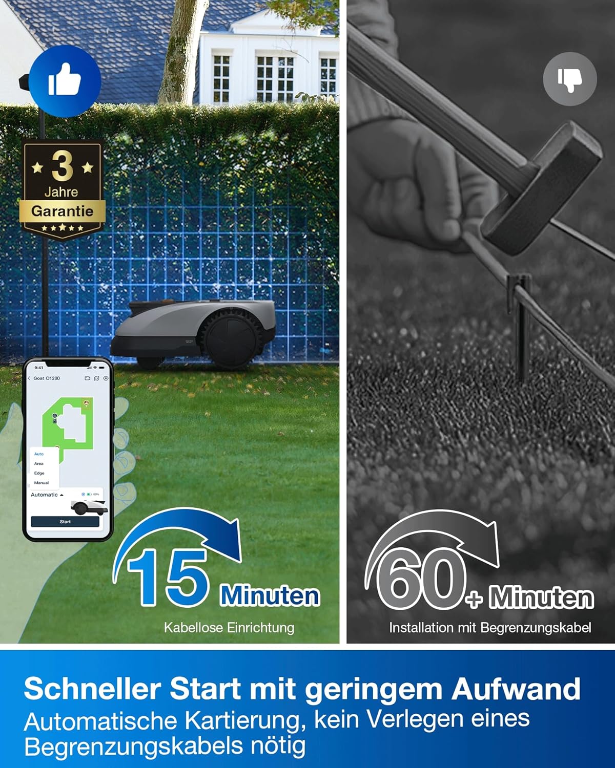 ECOVACS Goat O1200 RTK Mähroboter ohne Begrenzungskabel, 1200 m², LiDAR-unterstützte RTK+Vision Navigation, Rasenmäher Roboter, einstellbare Schnitthöhe 3-8cm, Auto-Kartierung, 0,7m Engstellen