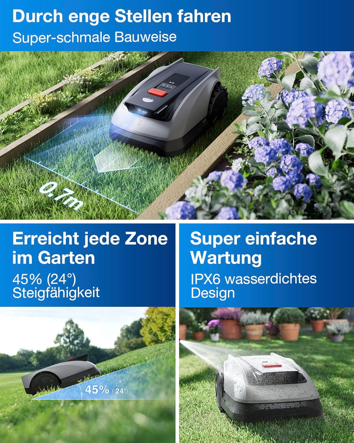 ECOVACS Goat O1200 RTK Mähroboter ohne Begrenzungskabel, 1200 m², LiDAR-unterstützte RTK+Vision Navigation, Rasenmäher Roboter, einstellbare Schnitthöhe 3-8cm, Auto-Kartierung, 0,7m Engstellen