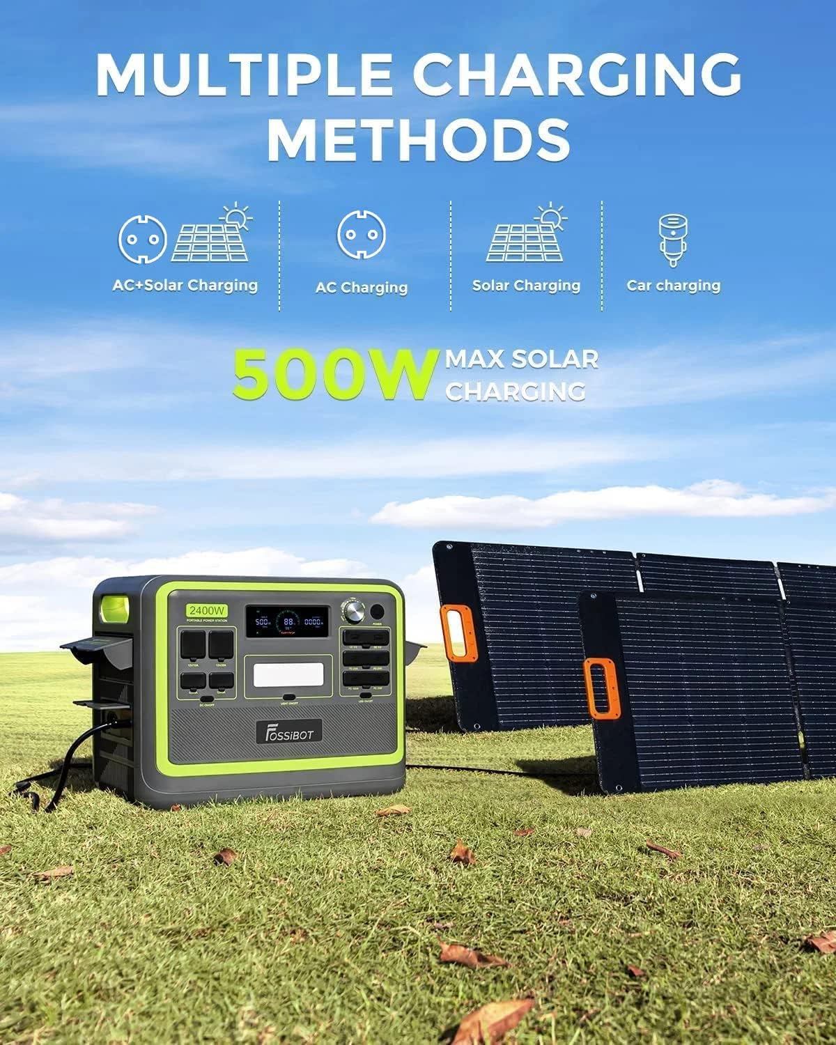 FOSSIBOT Powerstation 2400W AC Ausgängen (4800 W Peak) F2400, Stück mit 200W Solarpanel Power Station, 1100W Superschnelles Tragbare Solargenerator für Zuhause, Camping, RV und Notfall