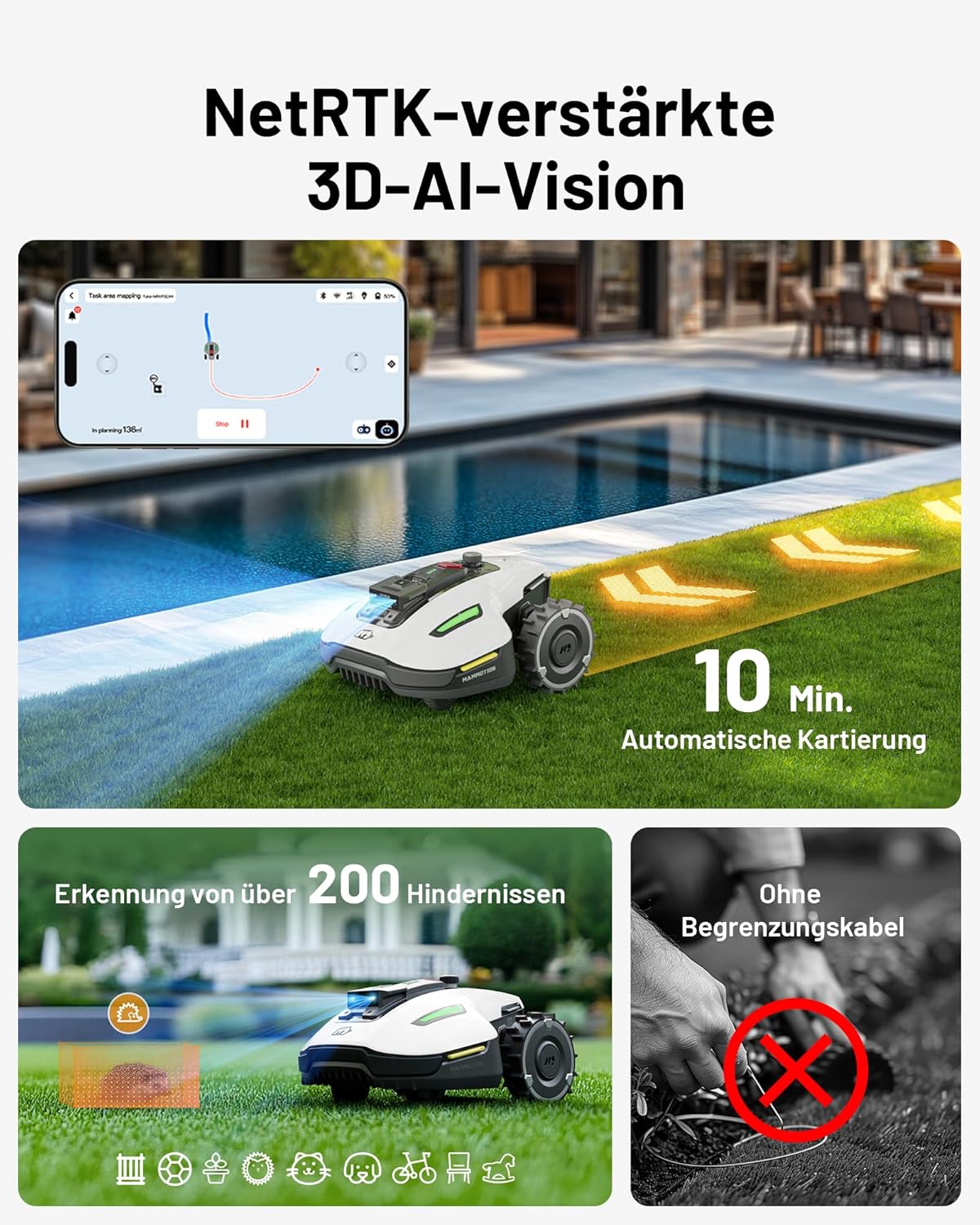 MAMMOTION YUKA Mini 500 Mähroboter ohne Begrenzungskabel, NetRTK+Vision, Keine RTK-Antenne erforderlich, Auto-Kartierung, Empf. 500m², mit 4G-Modul, 50% Steigung