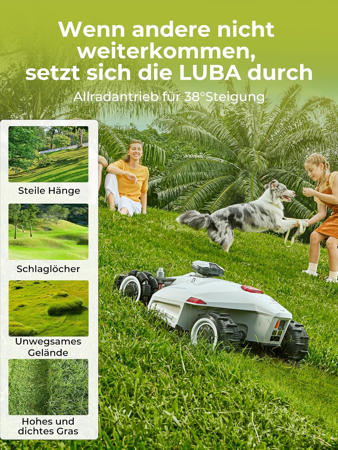 MAMMOTION LUBA 2 AWD 3000 Rasenmäher Roboter (2024 Version), Mähroboter ohne Begrenzungskabel für Rasenflächen bis 3000 m², 3D Vision+RTK Fusion-Mapping, 80% Steigung, Schnitthöhe 25-70mm