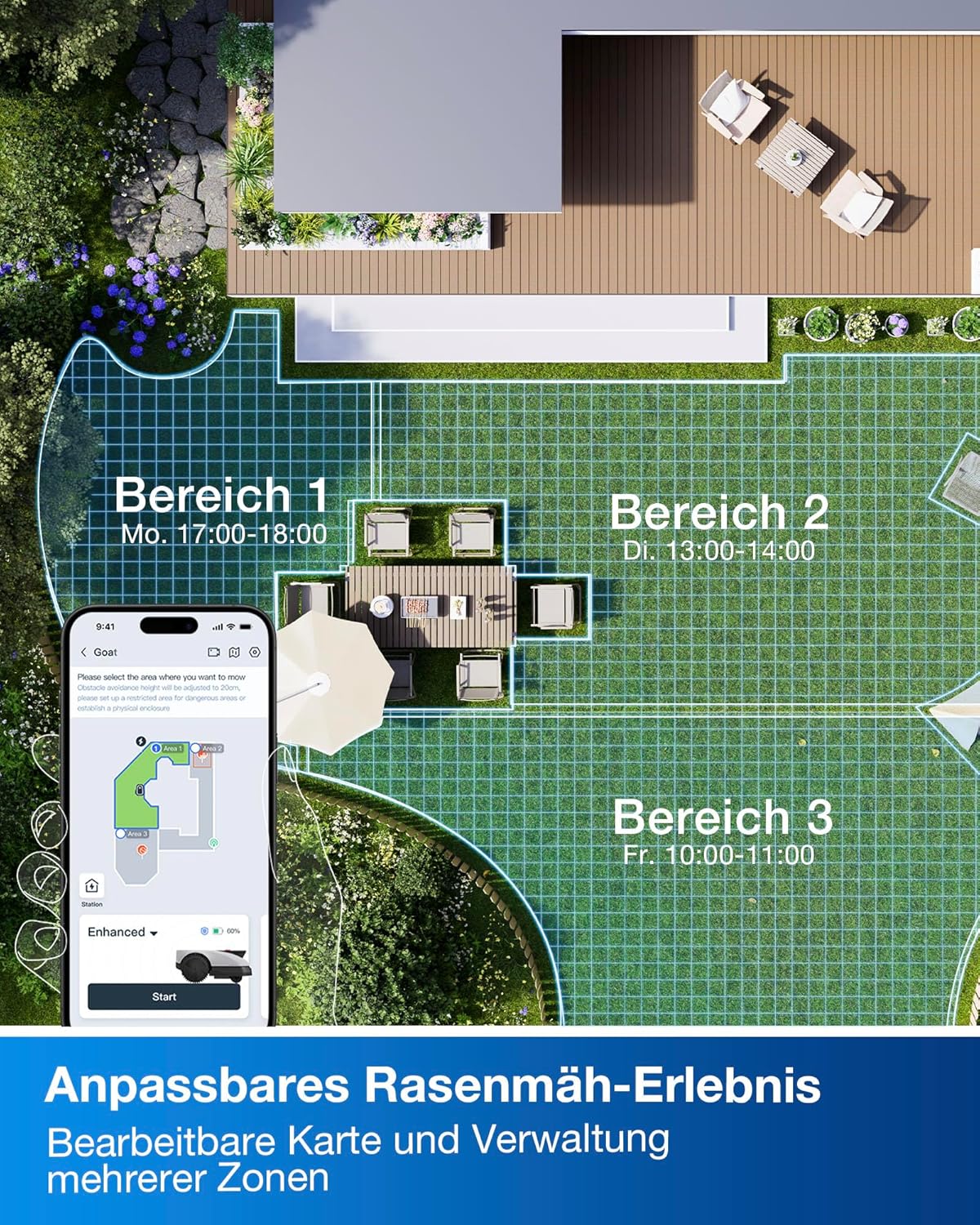 ECOVACS Goat O1200 RTK Mähroboter ohne Begrenzungskabel, 1200 m², LiDAR-unterstützte RTK+Vision Navigation, Rasenmäher Roboter, einstellbare Schnitthöhe 3-8cm, Auto-Kartierung, 0,7m Engstellen
